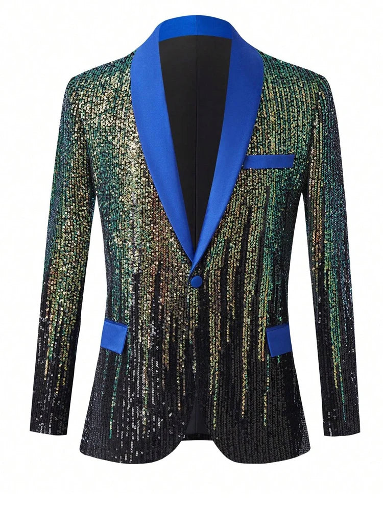 Shiny Sequins One Button Blue Lapel Suit Jacket Blazer for Dinner Prom Party Wedding
