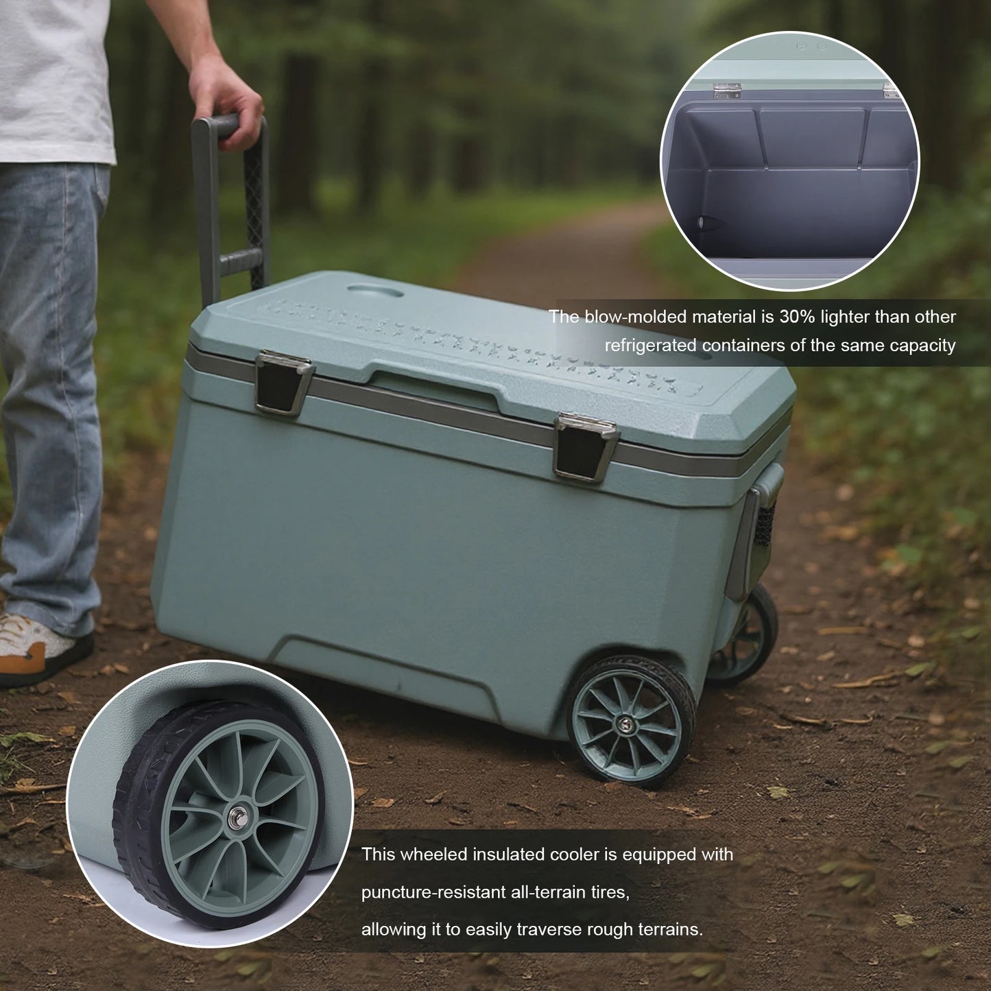 70L Wheeled Cooler 30 Percent Lighter Than Rotomolded Portable Car Wheel Insulator Plastic Cooler Box for Beach Beverage Camping