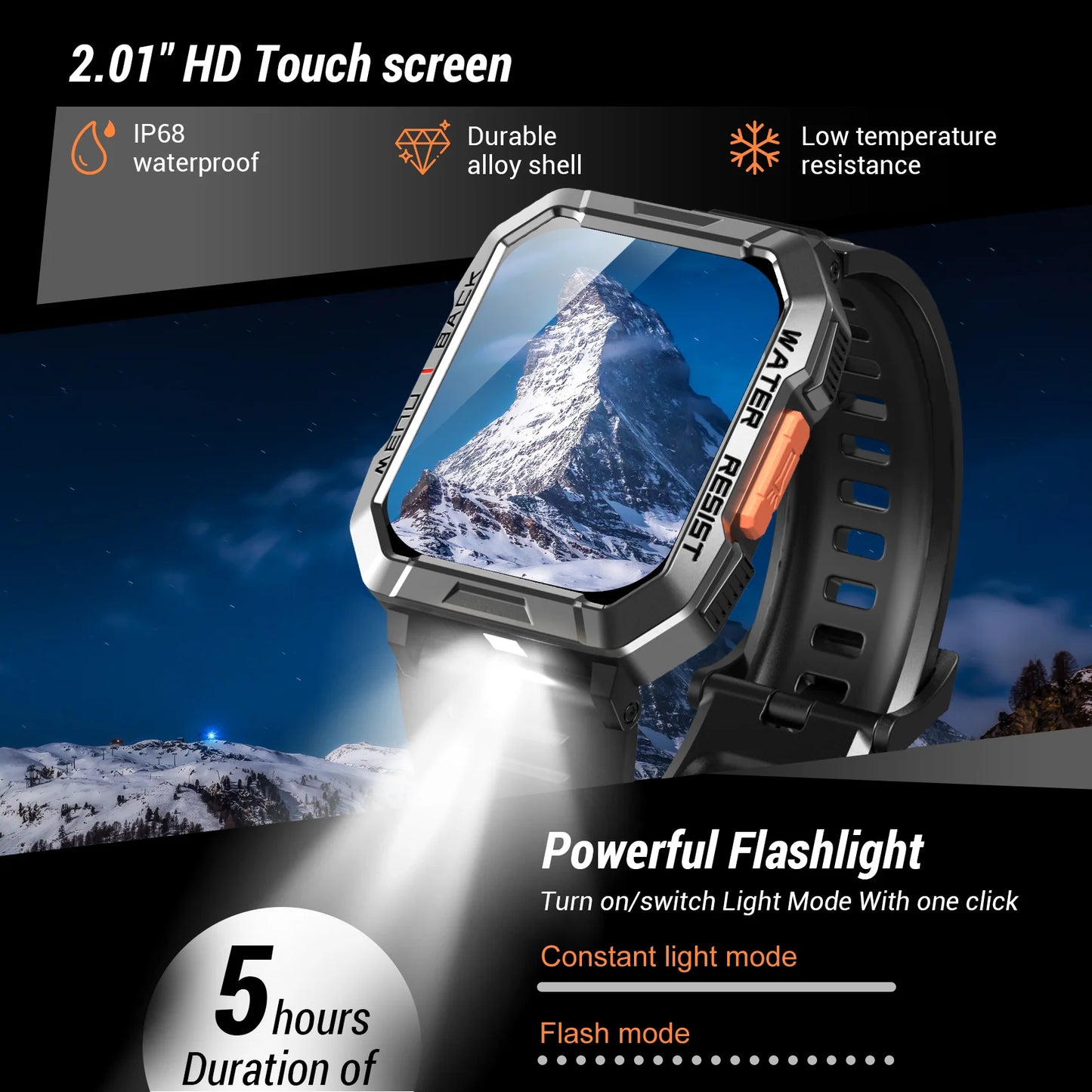 Blackview New Smart Watch 2.01'' HD Display Outdoor Men's Watches with Emergency Lighting Bluetooth Call Waterproof Smartwatch