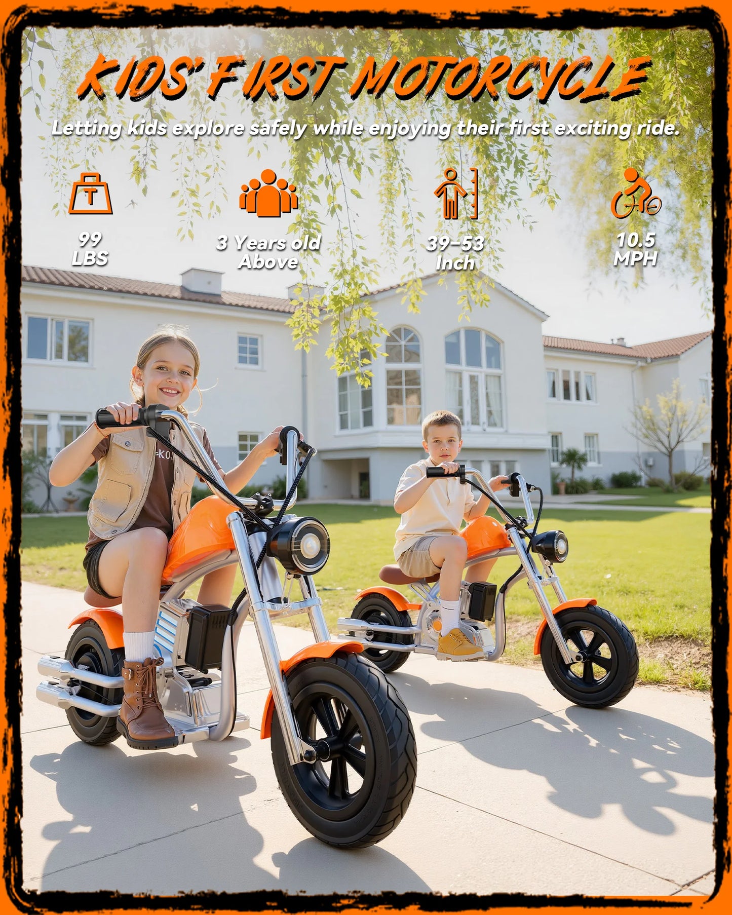 18V Electric Dirt Bike 160W Motor Retro Motocross 10mph Fast Speed with LED Lights Orange for Kids