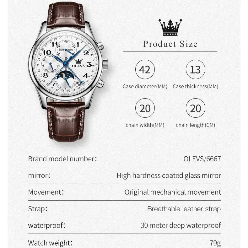 OLEVS Original Men's Automatic Wristwatch Moon Phase Calendar Waterproof Stainless Steel Leather Strap Mechanical Watch for Men