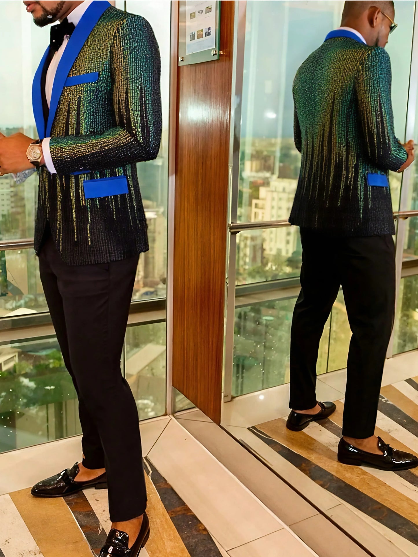 Shiny Sequins One Button Blue Lapel Suit Jacket Blazer for Dinner Prom Party Wedding