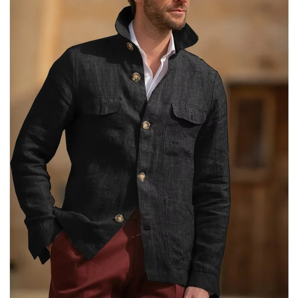 Men's Linen Safari Jacket Vintage Stand Collar Breathable Multi-Pocket Lightweight Casual Blazer Cotton Linen Blend For Summer