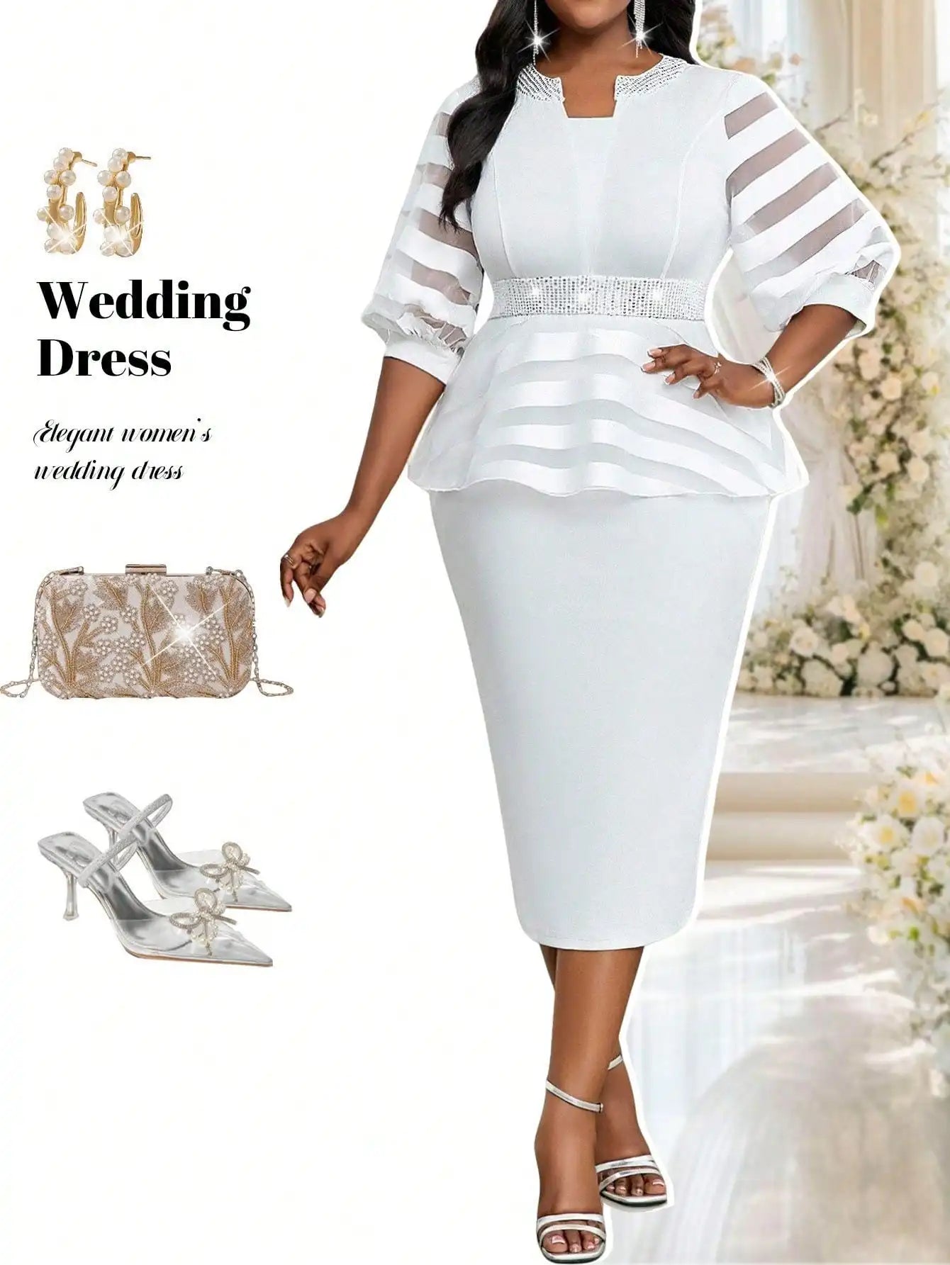 Elegant Plus Size Office Dress With Peplum Waist And Mesh Sleeves