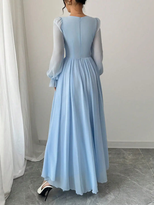 Elegant Blue Long Sleeve Maxi Dress with Corset Lace-Up Waist, Square Neck, Ruffled Cuffs for Spring Summer Events