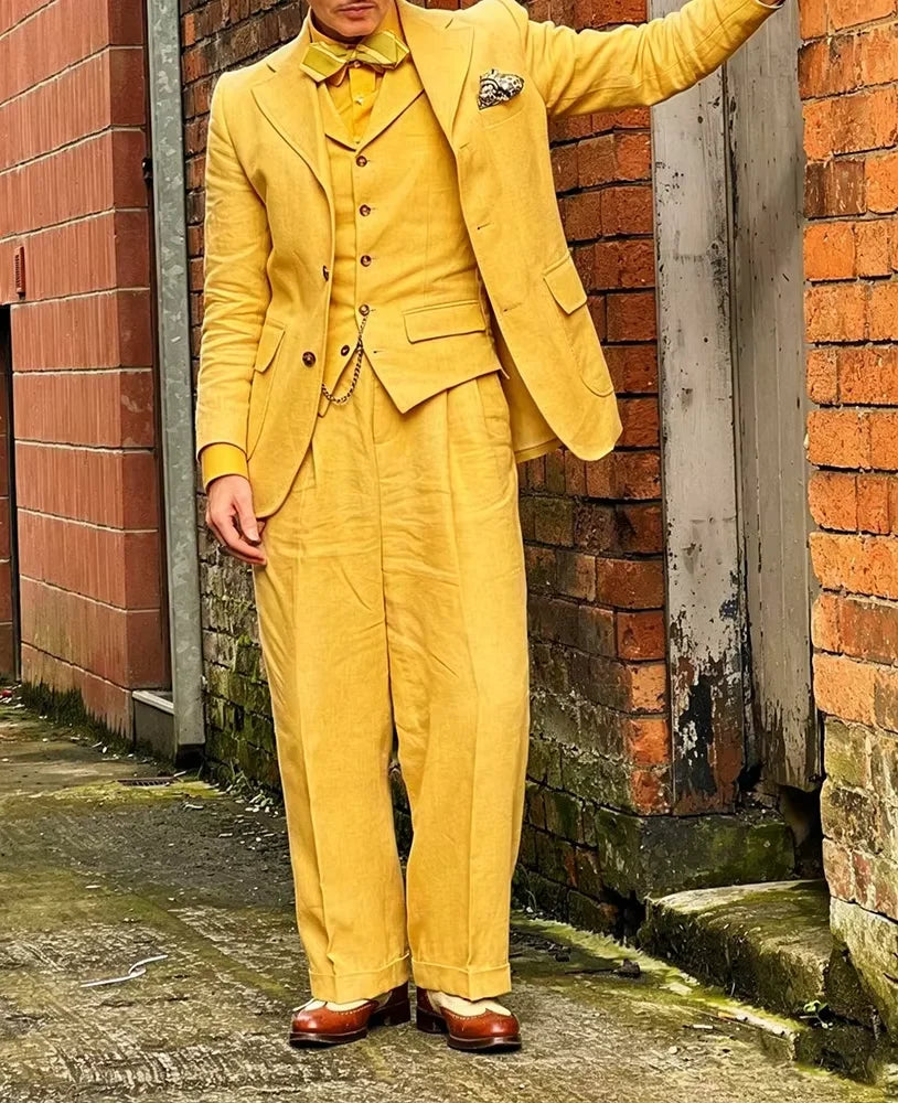 Vintage Men's Linen Suit 3 Piece Peak Lapel Linen Blazer Vest Wide Leg Pants Summer Lightweight Formal Set For Beach Wedding Pro