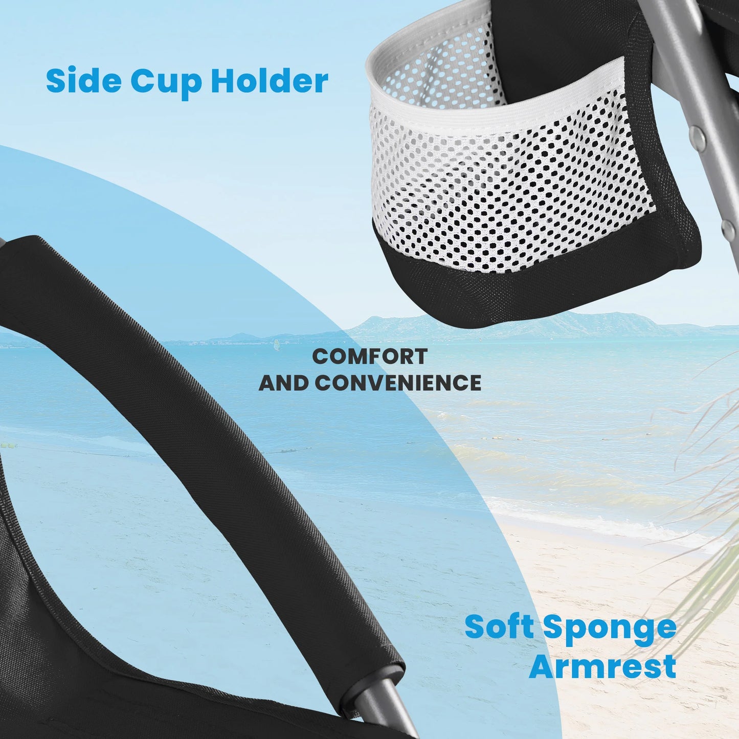 MCQ Outdoor Folding Low Beach Chair Collapsible Padded with Cup Holder Storage Bag Mesh Back Portable Camping Chair for Garden