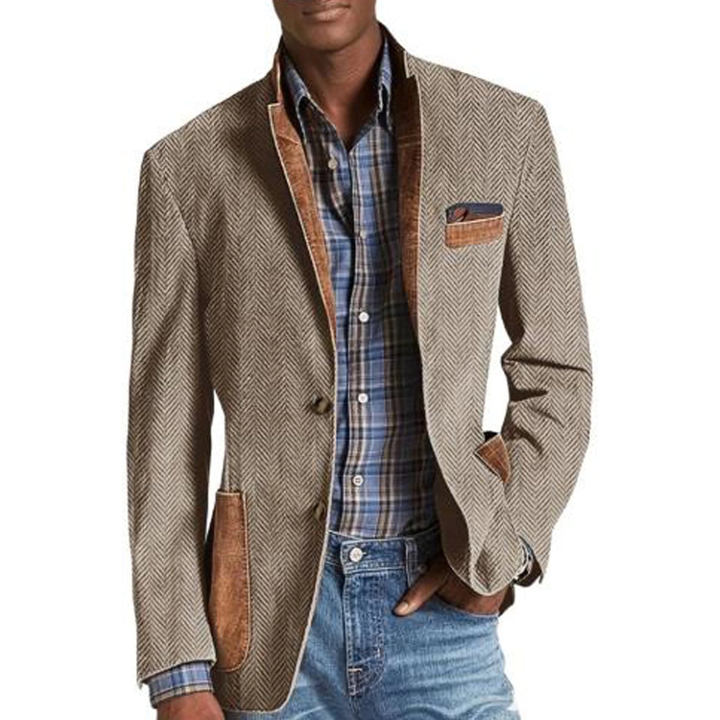 Vintage Men's Herringbone Blazer Casual Patchwork Suede Trim Notched Collar Suit Jacket Slim Fit Fashion Business Sport Coat