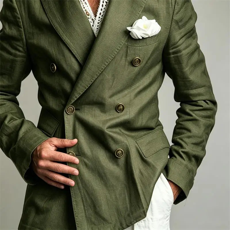 Men's Chic Peak Lapel Linen Blazer Double Breasted Slim Fit Formal Suit Jacket Summer Business Wedding Party Beach Daily Coat