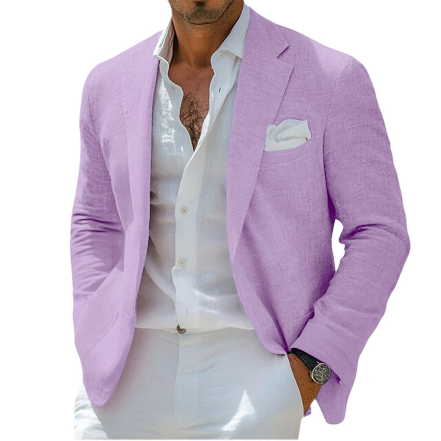 Men's Linen Blend Blazer Notched Lapel Single-Breasted Casual Business Sport Coat Slim Fit Breathable Lightweight Jacket