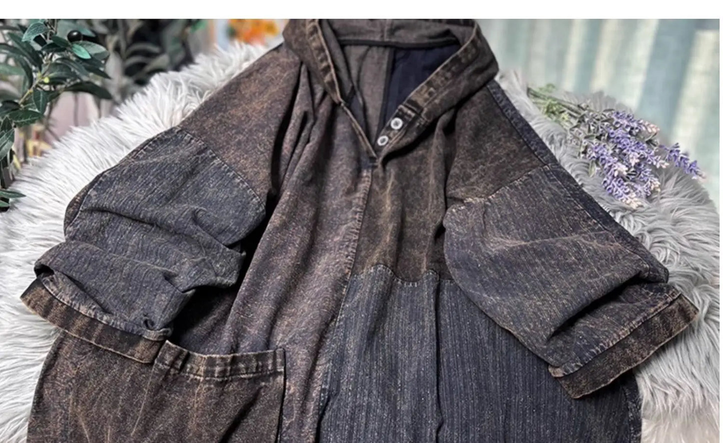 Chinese Style Personalized Old Fabric Denim Patchwork Hooded Vintage Loose Long Sleeved Dress Women Spring Autumn MCP008