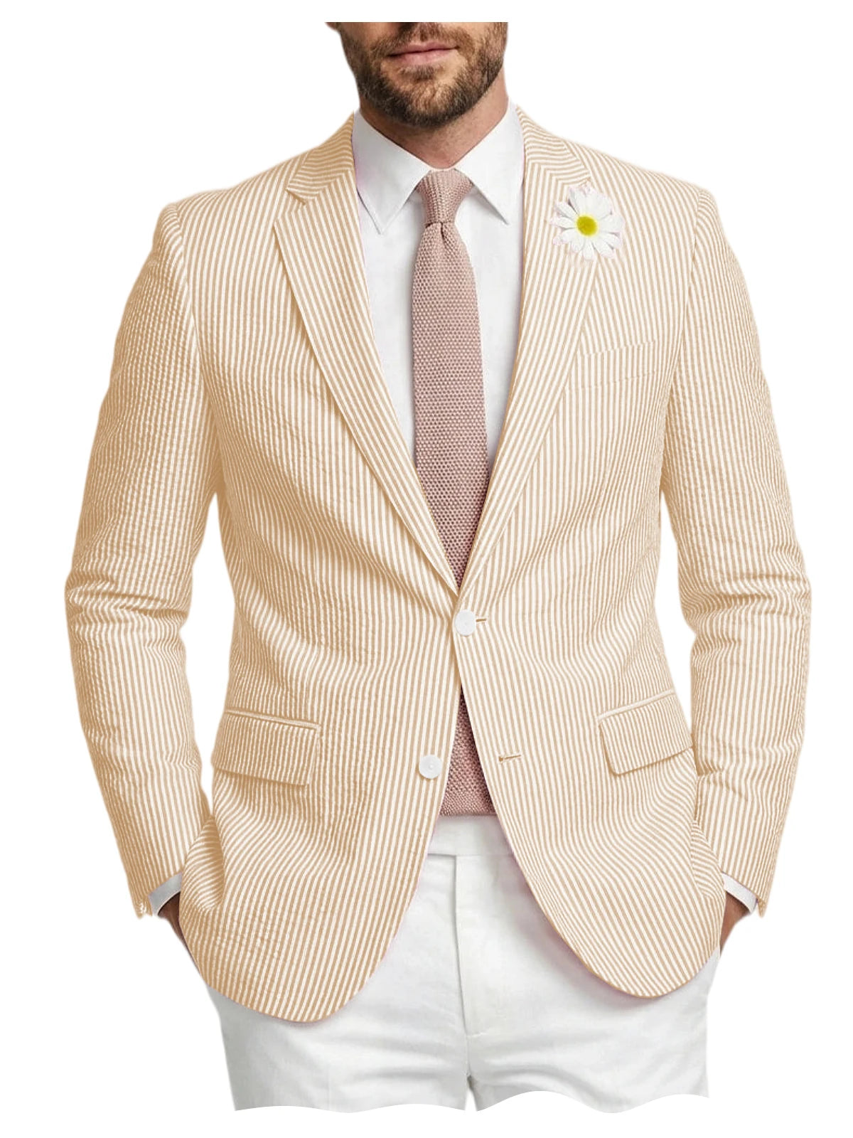 Men's Striped Seersucker Blazer Notch Lapel Slim Fit Suit Jacket Summer Lightweight Business Casual Sport Coat for Wedding Party