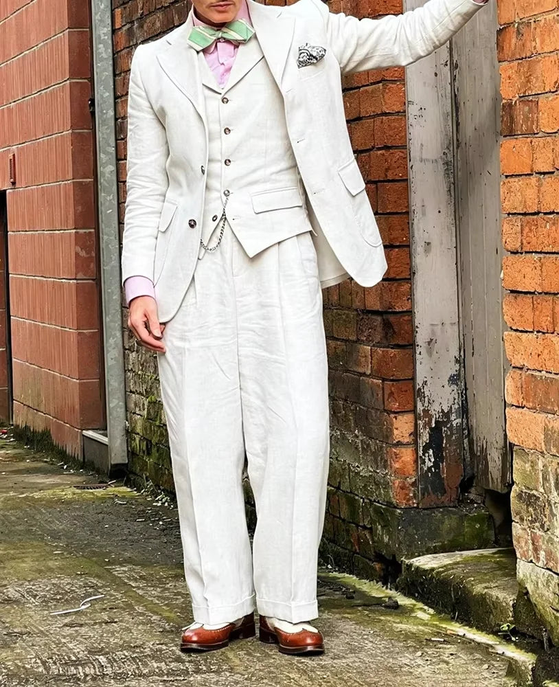 Vintage Men's Linen Suit 3 Piece Peak Lapel Linen Blazer Vest Wide Leg Pants Summer Lightweight Formal Set For Beach Wedding Pro