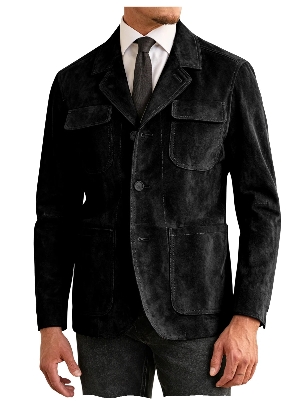 Men's Suede Safari Jacket Navy Slim Fit Fashion Multi-Pocket Notched Lapel Retro Casual Hunting Blazer For Business Daily Wear