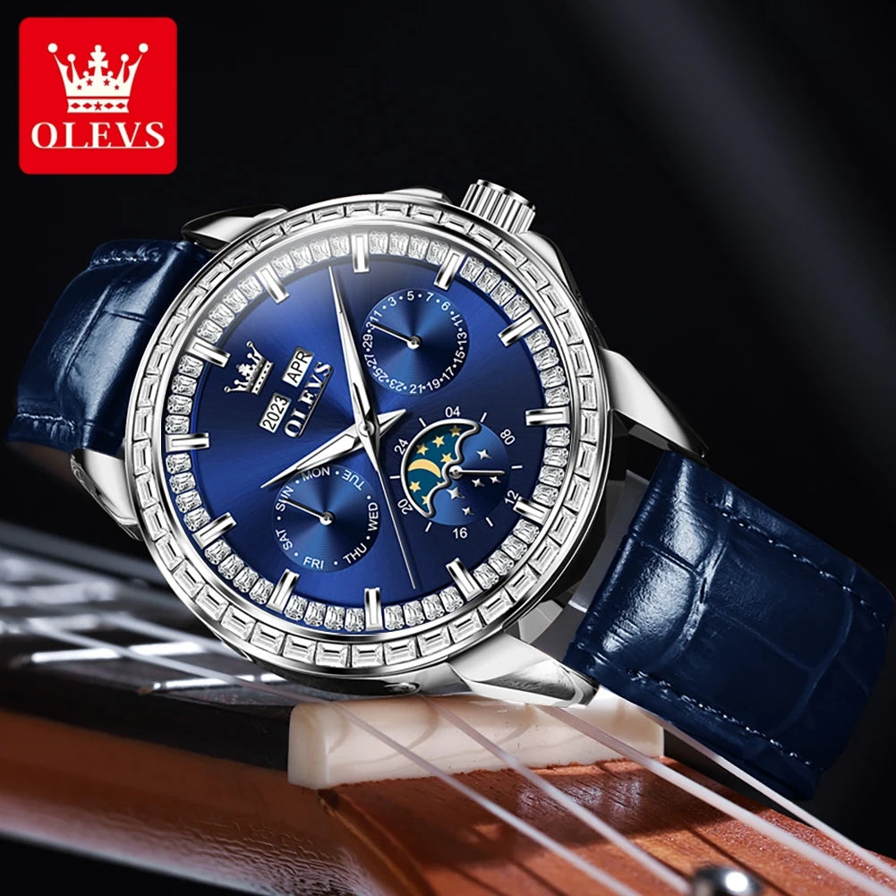 OLEVS 6695 NEW Men's Watches Full Diamond Multifunctional Dial Blue Leather Strap Calendar Week Moon Phase Waterproof Wristwatch