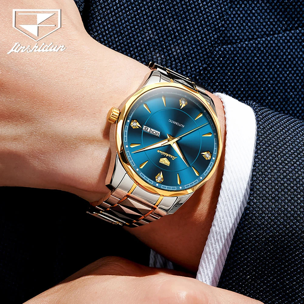 JSDUN High End Men's Watches Auto Calendar Week Tungsten steel Sapphire Mirror Automatic Mechanical Watch for Men Luxury Brand