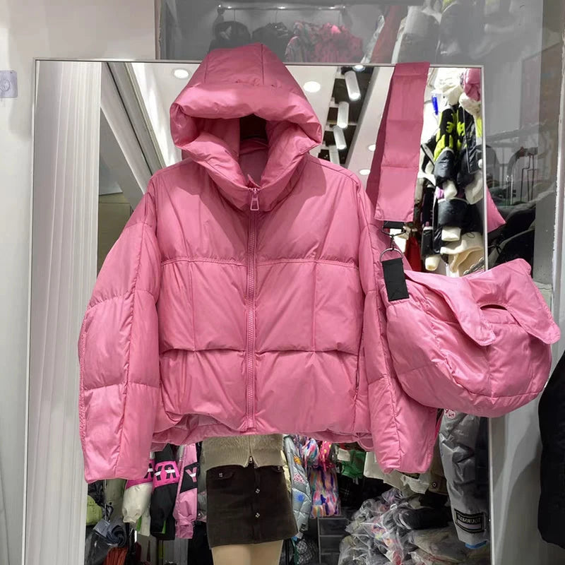 Winter Solid with Backpack Hooded Down Jacket Female Thick Warm Quilted Parka Outwears Women White Duck Down Warm Short Jackets