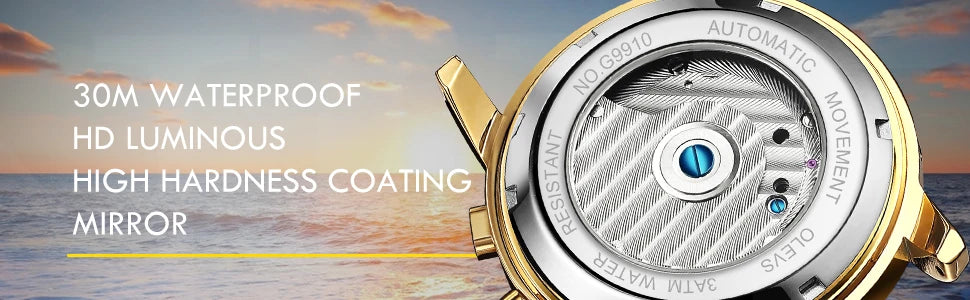 OLEVS Mechanical Watches Automatic Watch Men Waterproof Stainless Steel Strap Skeleton Gold Watch Male Wristwatch