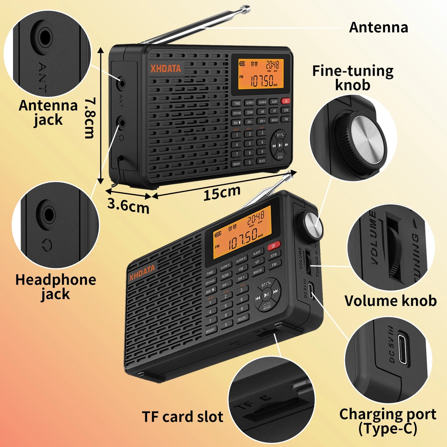 XHDATA D109 World Band Radio DSP AM FM SW LW Receiver Portable Bluetooth Speaker MP3 Player with TF Card Support Alarm Clock