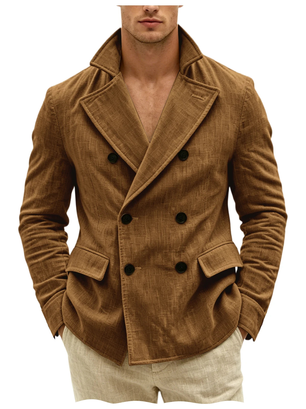 Men's Khaki Linen Blazer Double Breasted Peaked Lapel Lightweight Breathable Soft Cool Casual Formal Sport Coat For Summer Beach