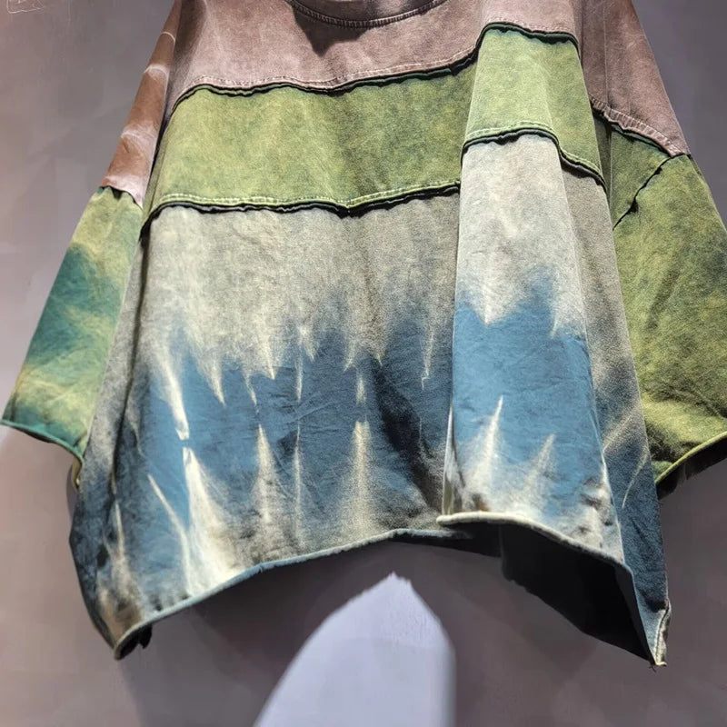 DEAT Women's T-shirt Loose Patchwork Color Blocking O-neck Tie Dye Do Old Long Sleeve Tees Summer 2026 New Fashion 29A7298