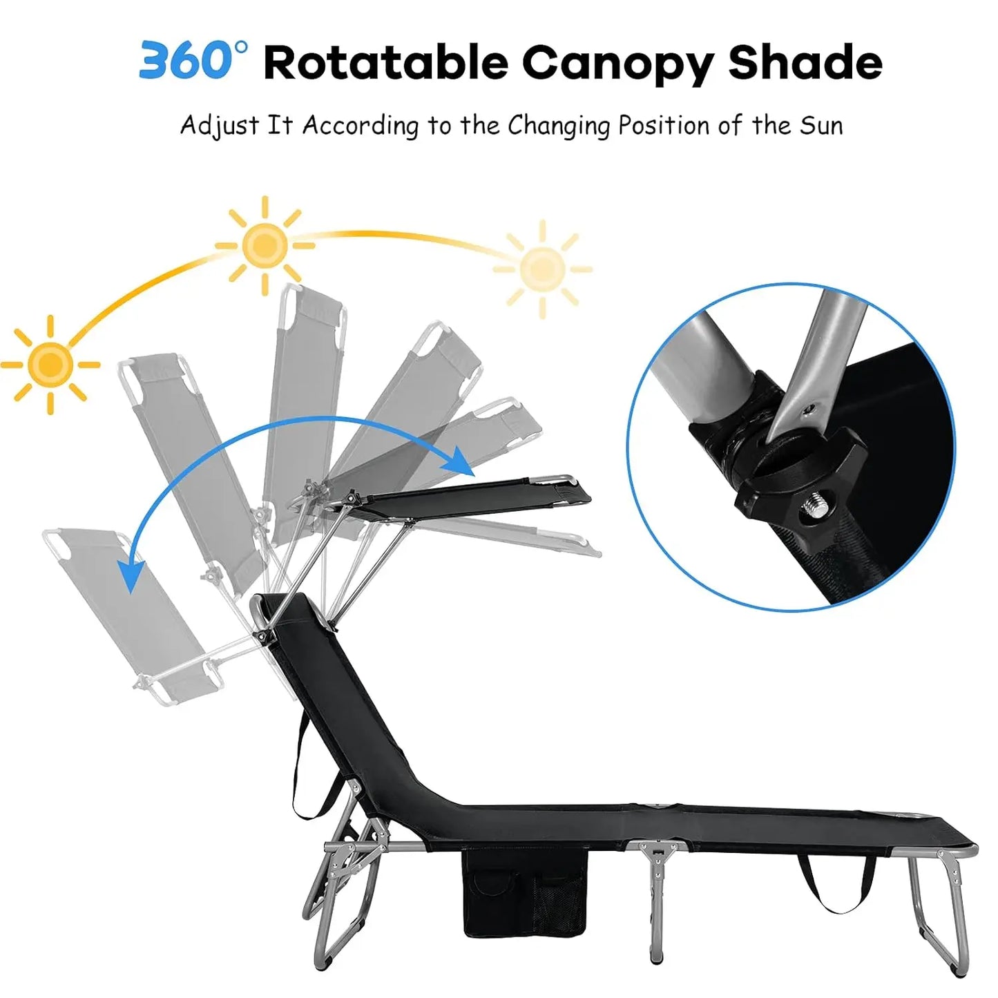 Beach Chair with Canopy Shade, Folding Tanning Lounge with Adjustable Backrest, Carry Handle & Side Pocket,, Customized