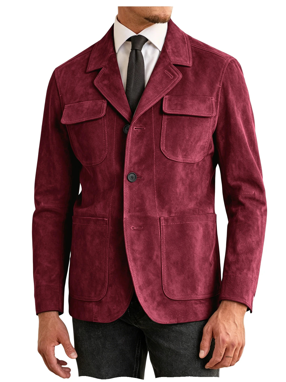 Men's Suede Safari Jacket Navy Slim Fit Fashion Multi-Pocket Notched Lapel Retro Casual Hunting Blazer For Business Daily Wear