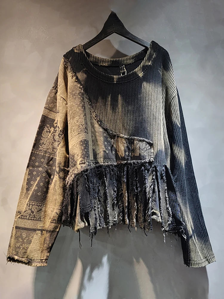 DEAT Women Pullover Knitted Distressed Tie-dye Printed Black Vintage Tassel Long Sleeve Sweater Summer 2026 New Fashion 11A0969