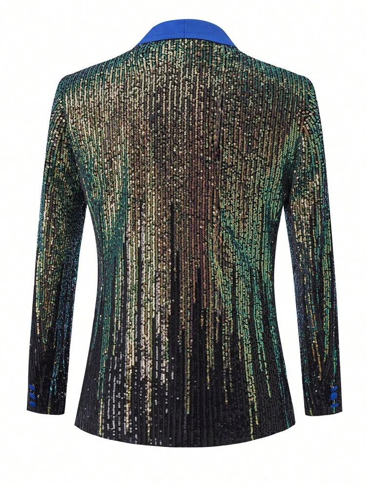 Shiny Sequins One Button Blue Lapel Suit Jacket Blazer for Dinner Prom Party Wedding