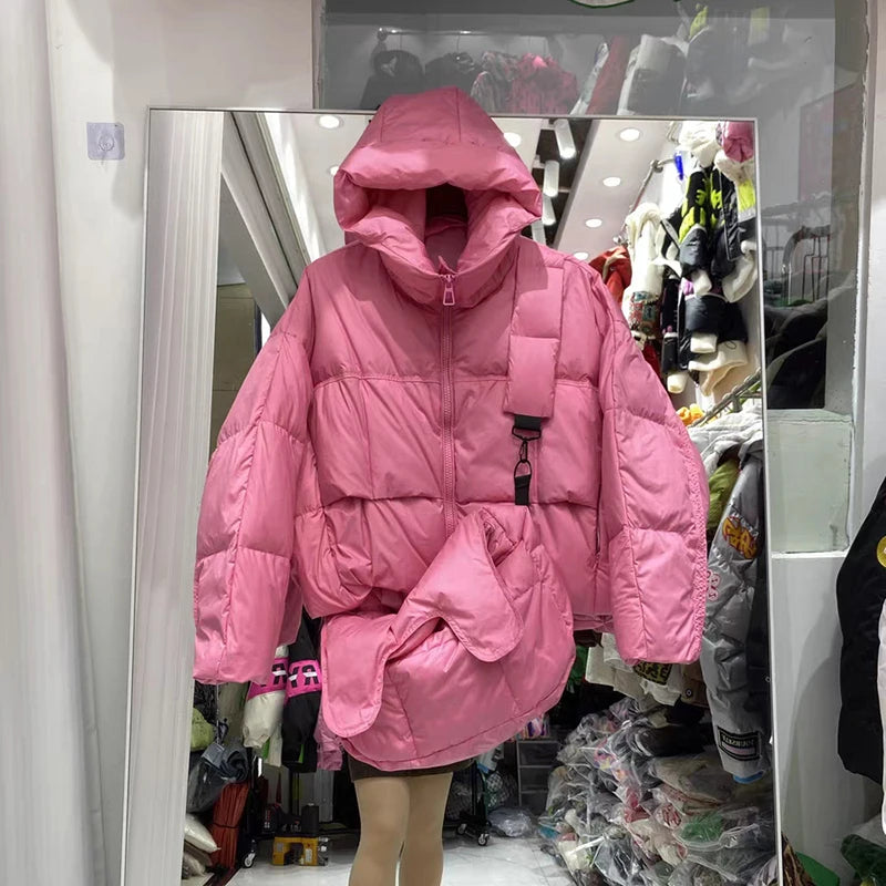 Winter Solid with Backpack Hooded Down Jacket Female Thick Warm Quilted Parka Outwears Women White Duck Down Warm Short Jackets