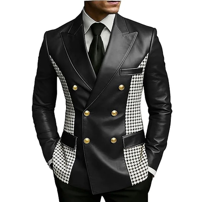 Men’s Brown Leather Blazer With Houndstooth Sides Vintage Two-Tone Double Breasted Slim Fit Gold Buttons Leather Tuxedo Jacket