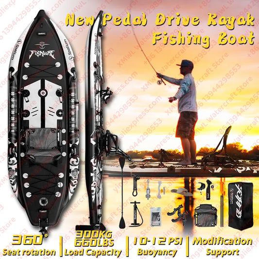 New Pedal Drive Fishing Boat Canoe/Kayak with Seat and Steering System Inflatable Kayak Easy To Carry and Install Single Person