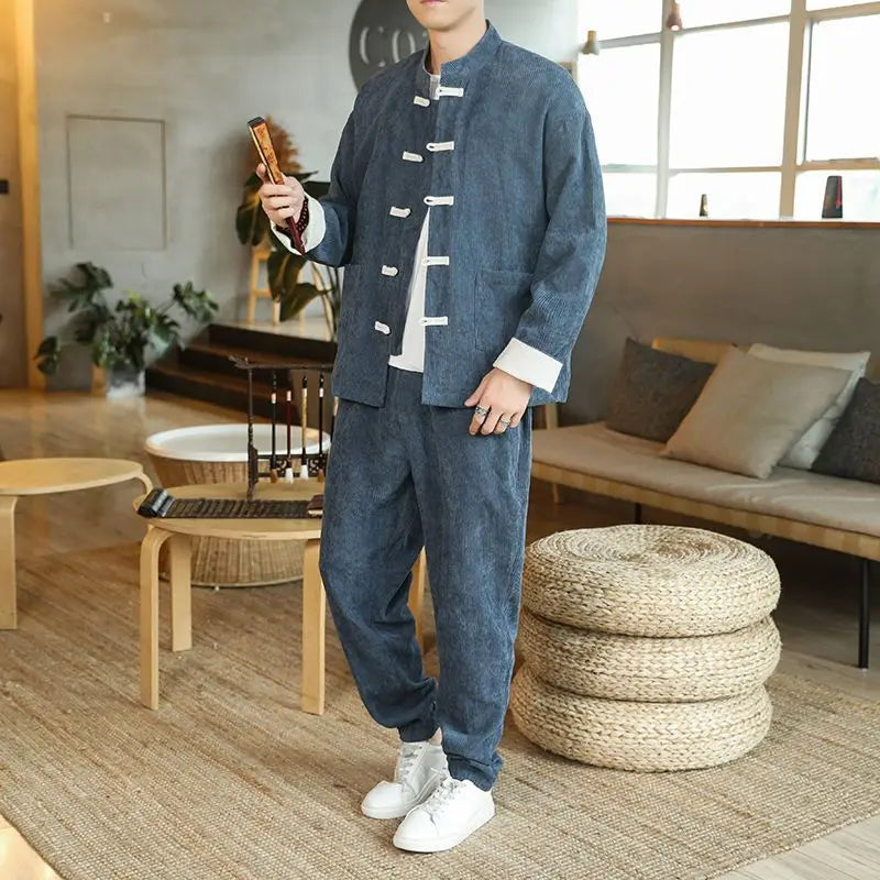 Chinese Style Tracksuit Spring Corduroy Two-piece Set Casual Tang Suit Men's Coat Zhongshan Suit Ancient Buckle Training Wear