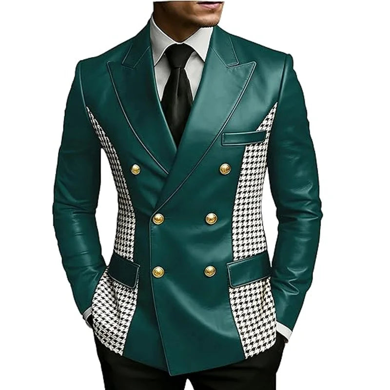 Men’s Brown Leather Blazer With Houndstooth Sides Vintage Two-Tone Double Breasted Slim Fit Gold Buttons Leather Tuxedo Jacket