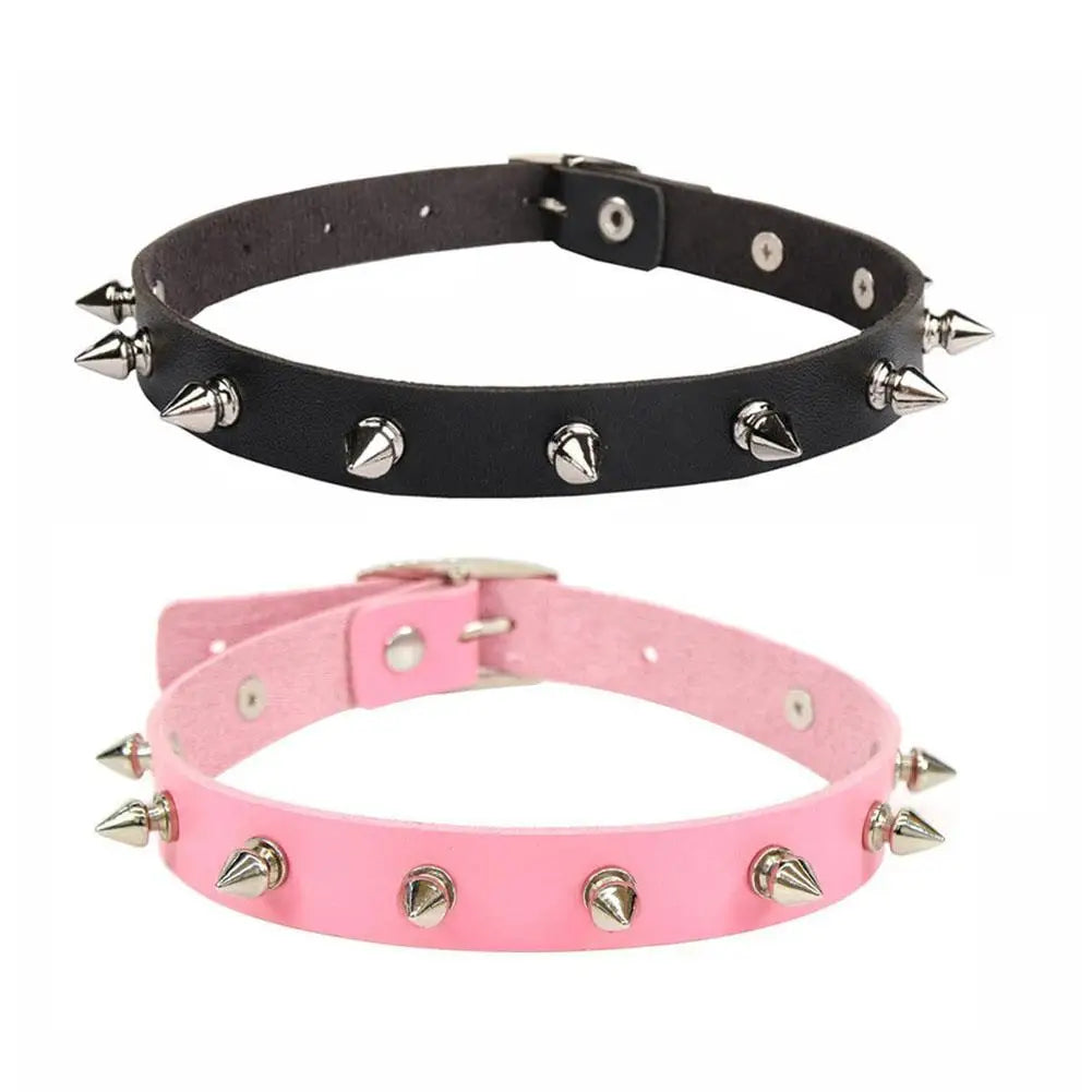 Pink/Black PU Riveted Necklaces For Women Girls, Adjustable Punk Gothic Spike Biker Choker Collar Necklace, Goth Jewelry Gifts