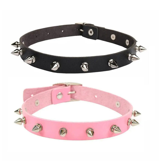 Pink/Black PU Riveted Necklaces For Women Girls, Adjustable Punk Gothic Spike Biker Choker Collar Necklace, Goth Jewelry Gifts