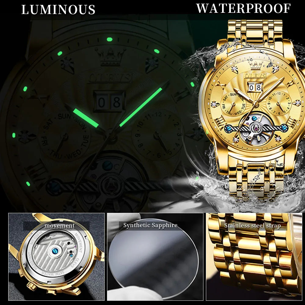 OLEVS Mechanical Watches Automatic Watch Men Waterproof Stainless Steel Strap Skeleton Gold Watch Male Wristwatch