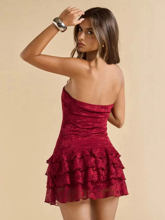 Wine Red Lace Strapless Mini Dress with Ruffle Hem for Evening Party
