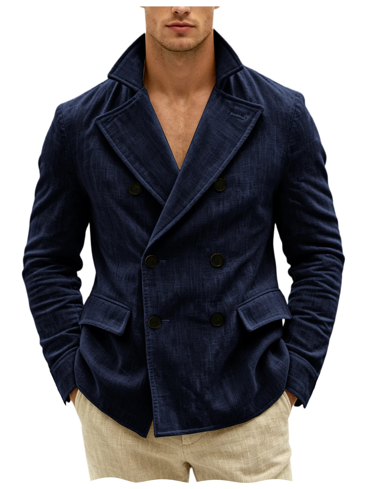 Men's Khaki Linen Blazer Double Breasted Peaked Lapel Lightweight Breathable Soft Cool Casual Formal Sport Coat For Summer Beach