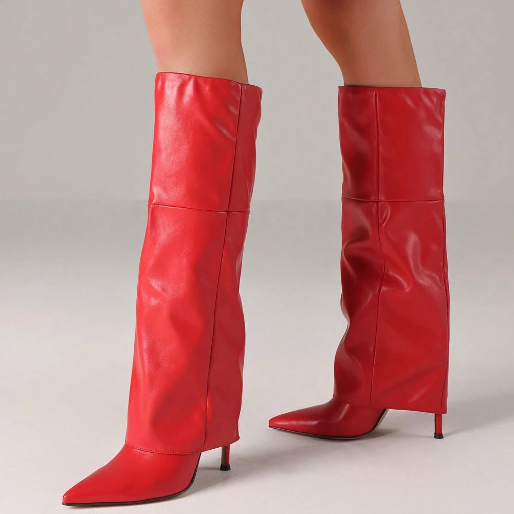 Women's Sexy Fold Over Knee High Shark Boots Fashion Pointed Toe Stiletto High Heels Pleated Party Dress Elegant Boots Woman