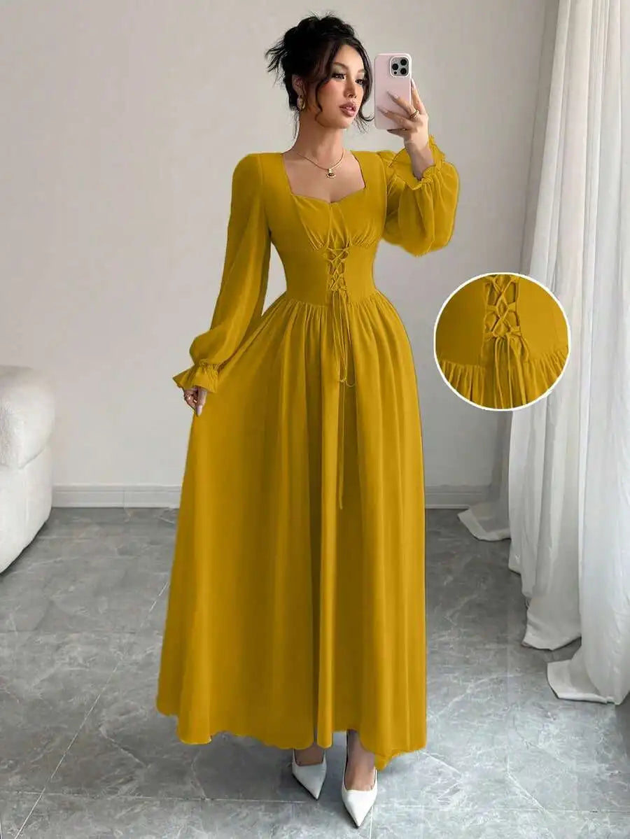 Elegant Blue Long Sleeve Maxi Dress with Corset Lace-Up Waist, Square Neck, Ruffled Cuffs for Spring Summer Events