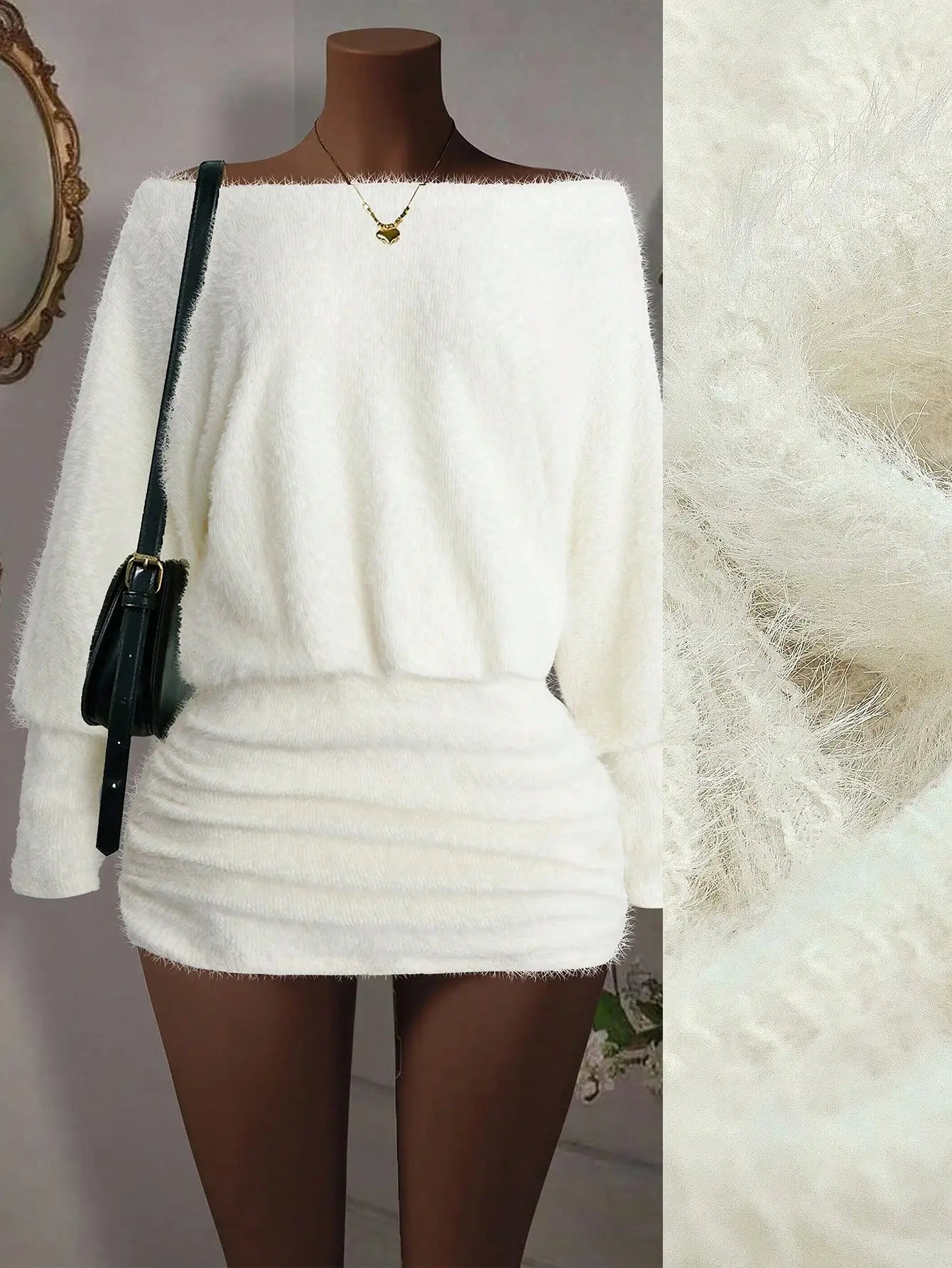 Off Shoulder Long Sleeve Fuzzy Ruched Mini Dress for Women, Elegant Party Wear