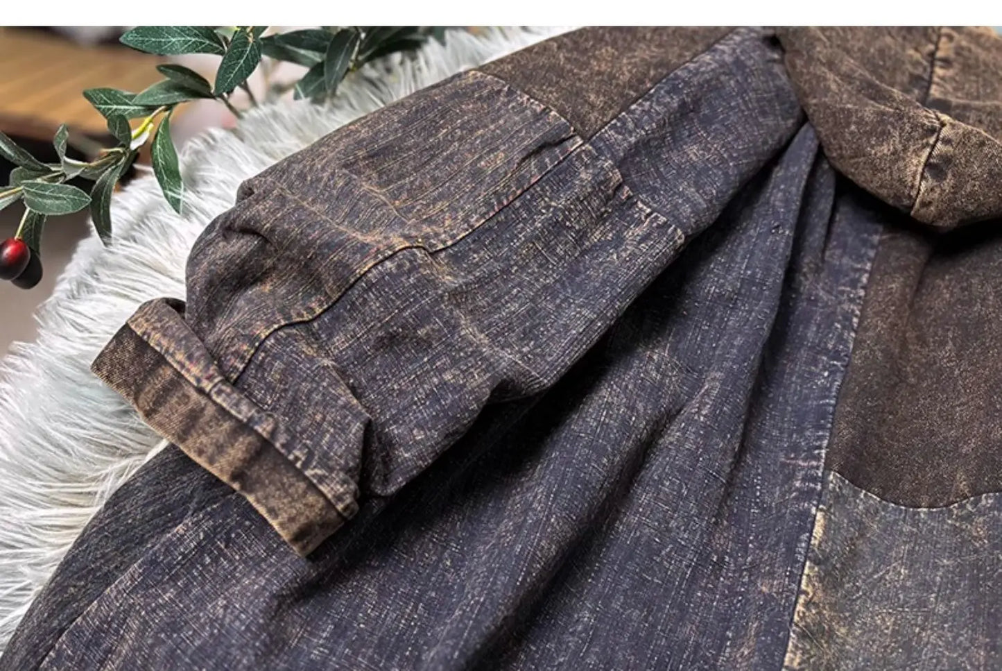 Chinese Style Personalized Old Fabric Denim Patchwork Hooded Vintage Loose Long Sleeved Dress Women Spring Autumn MCP008