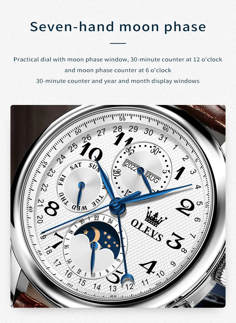 OLEVS Original Men's Automatic Wristwatch Moon Phase Calendar Waterproof Stainless Steel Leather Strap Mechanical Watch for Men