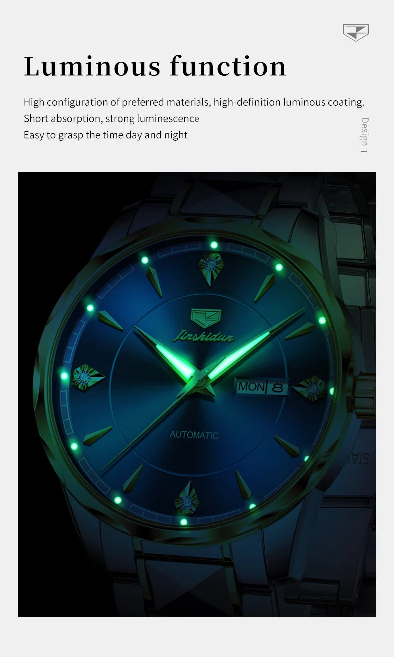 JSDUN High End Men's Watches Auto Calendar Week Tungsten steel Sapphire Mirror Automatic Mechanical Watch for Men Luxury Brand