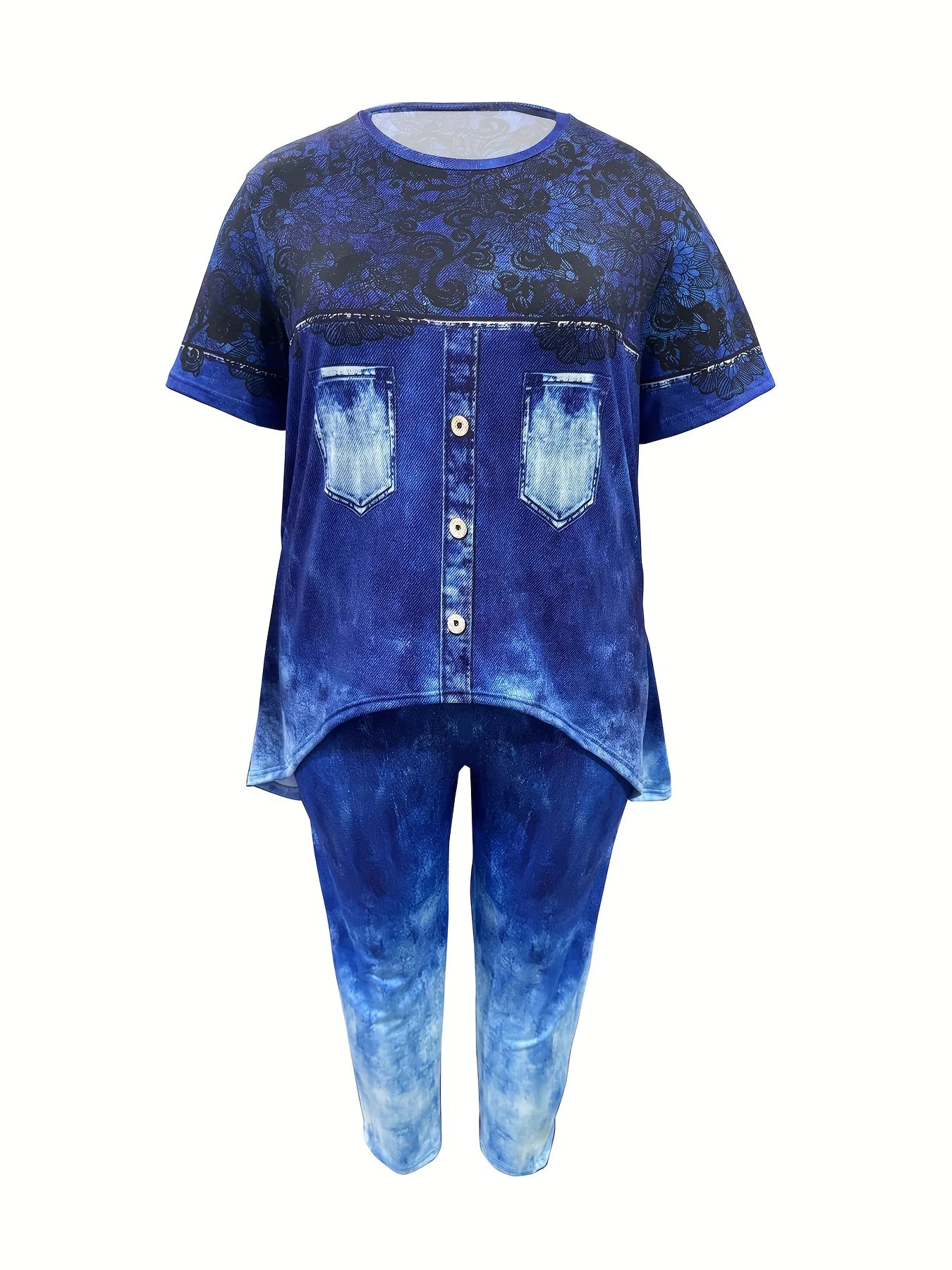 Plus size American fashion faux denim print short front long back suit - short sleeve crew neck top with asymmetrical hem and st