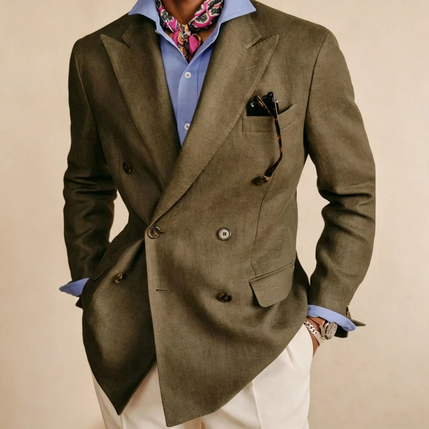 Men's Cotton Linen Blazer Vintage Double Breasted Slim Fit Peak Lapel Breathable Lightweight Summer Formal Jacket Business Casua