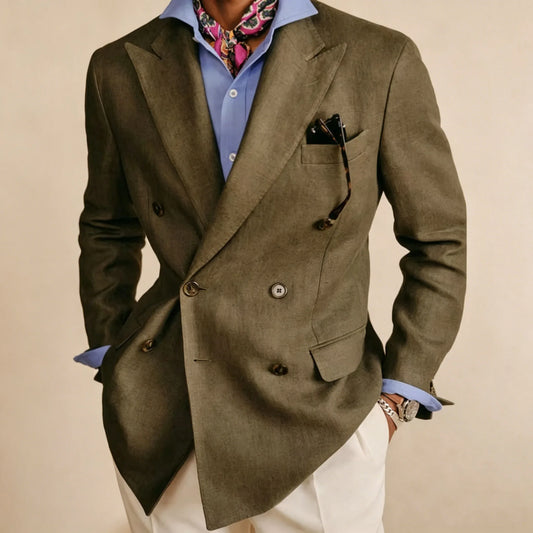 Men's Cotton Linen Blazer Vintage Double Breasted Slim Fit Peak Lapel Breathable Lightweight Summer Formal Jacket Business Casua