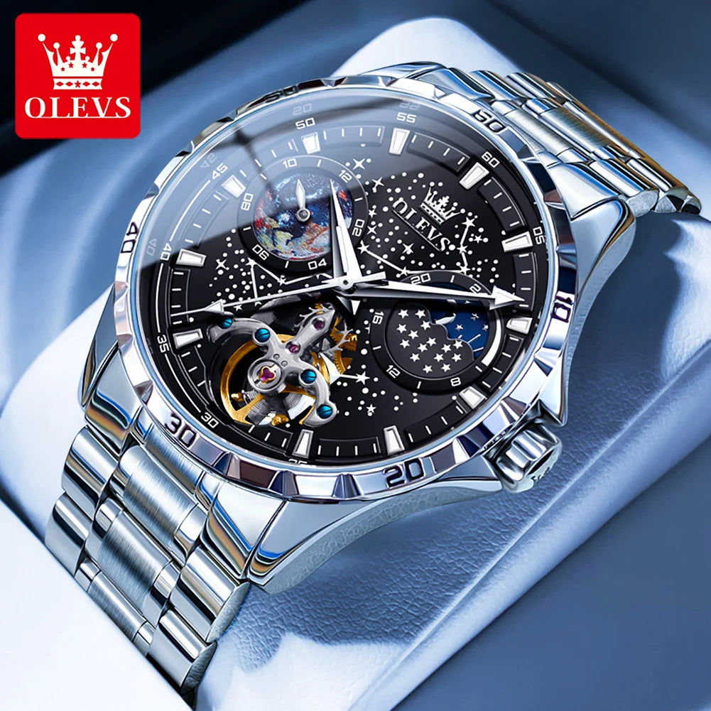 OLEVS Men's Watches Waterproof Multifunctional Luminous Fully Automatic Mechanical Watch Moon Phase Starry Original TOP Brand