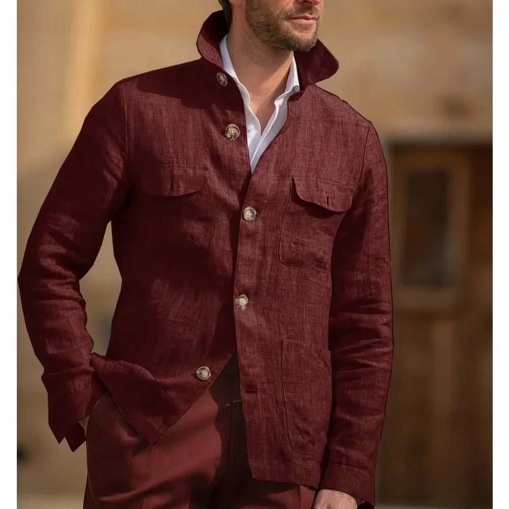 Men's Linen Safari Jacket Vintage Stand Collar Breathable Multi-Pocket Lightweight Casual Blazer Cotton Linen Blend For Summer